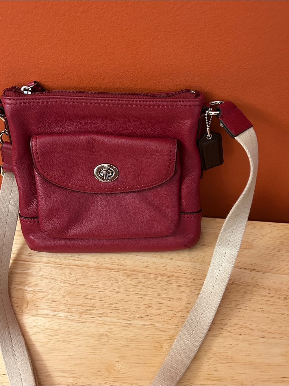Coach Small Pebbled Leather Crossbody in Burgundy with Canvas Strap